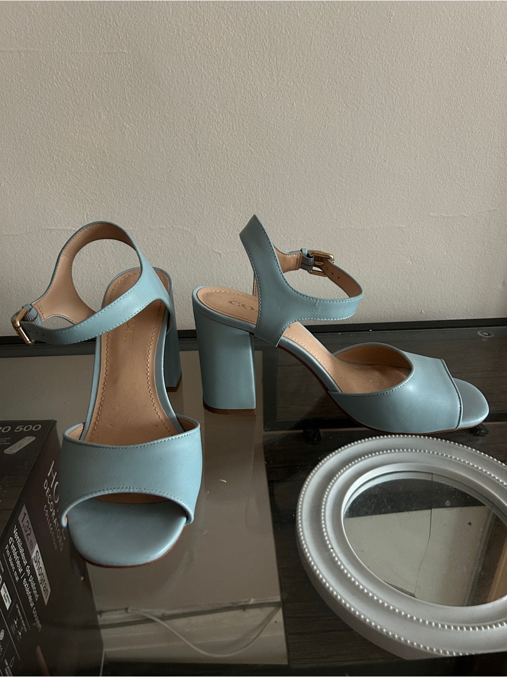 Coach Dusty Blue Leather Block Heel Sandals